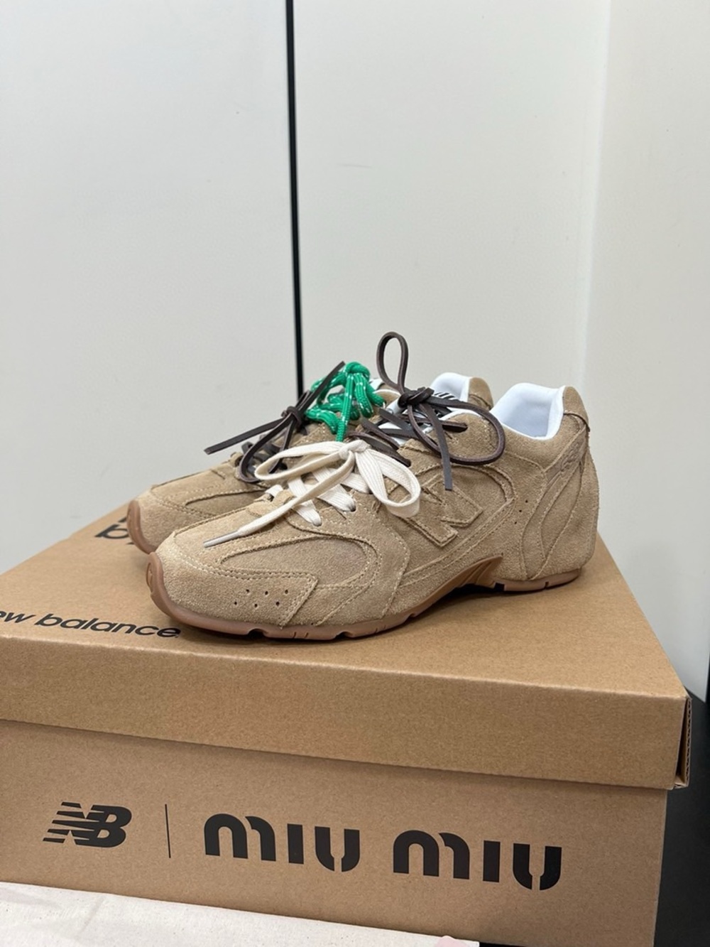 Miu Miu x New Balance Taupe Suede Collaborative Sneakers